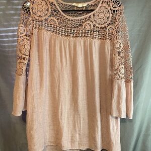Bond crush rose colored flare sleeves lace neck and sleeve blouse